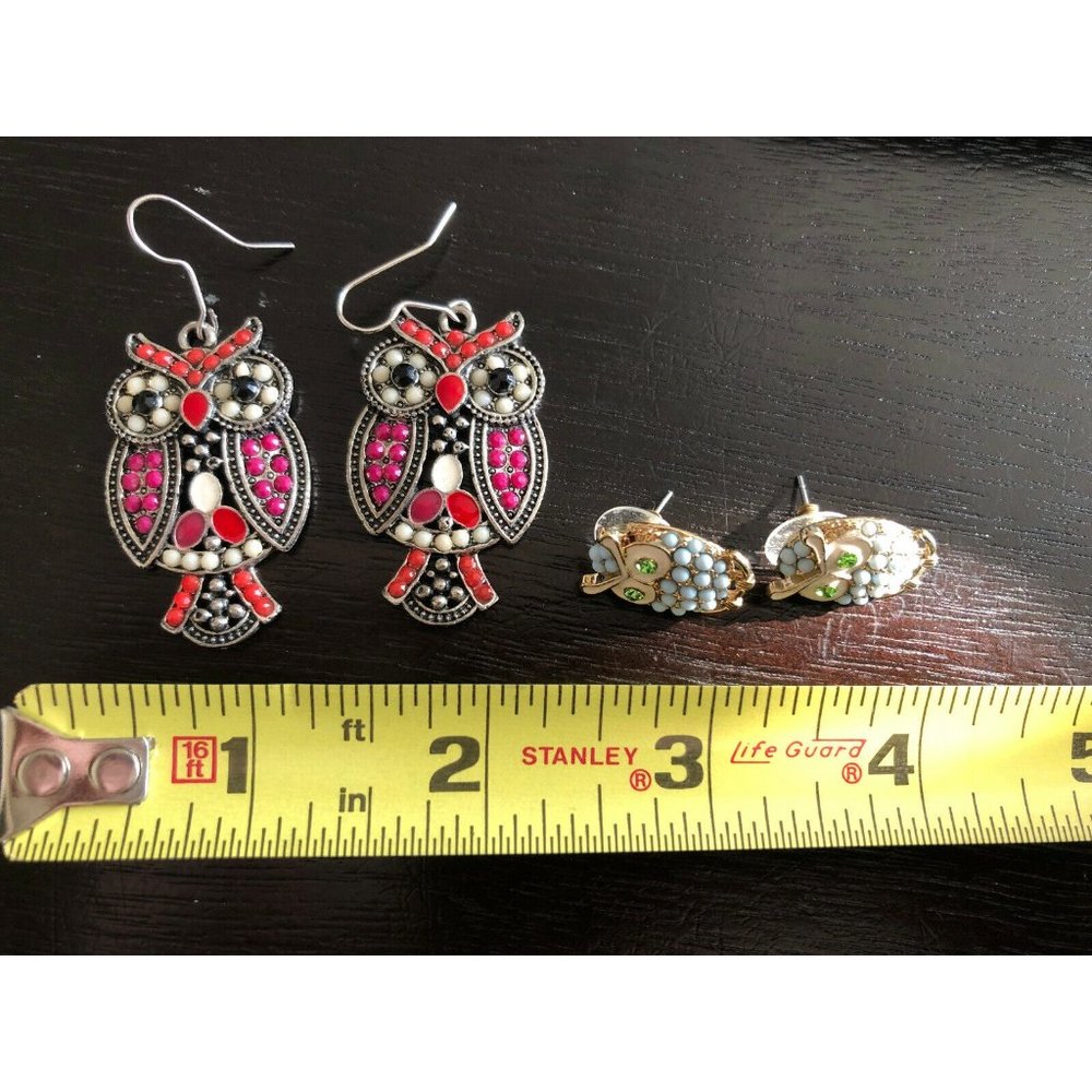 2 OWL EARRING PAIRS enamel & metal ... ADORABLE!